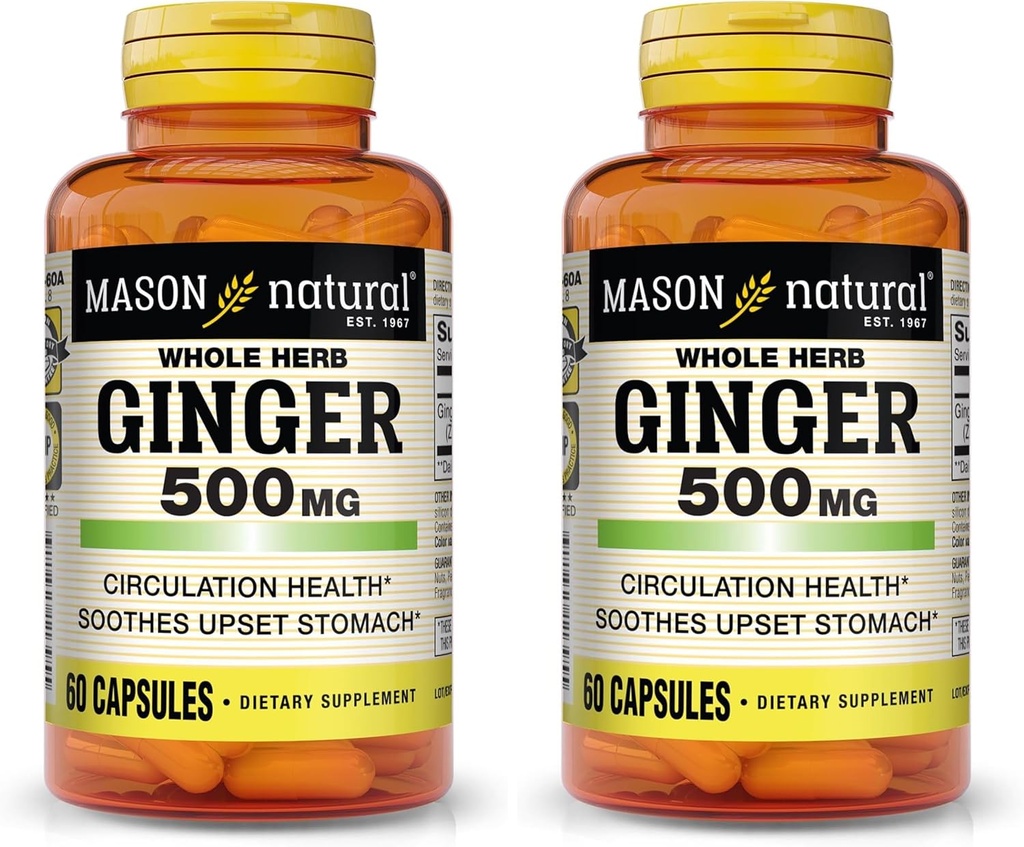 MASON NATURAL Ginger entier 500 mg, supplément naturel à base de plantes, 60 capsules (paquet de 2)
