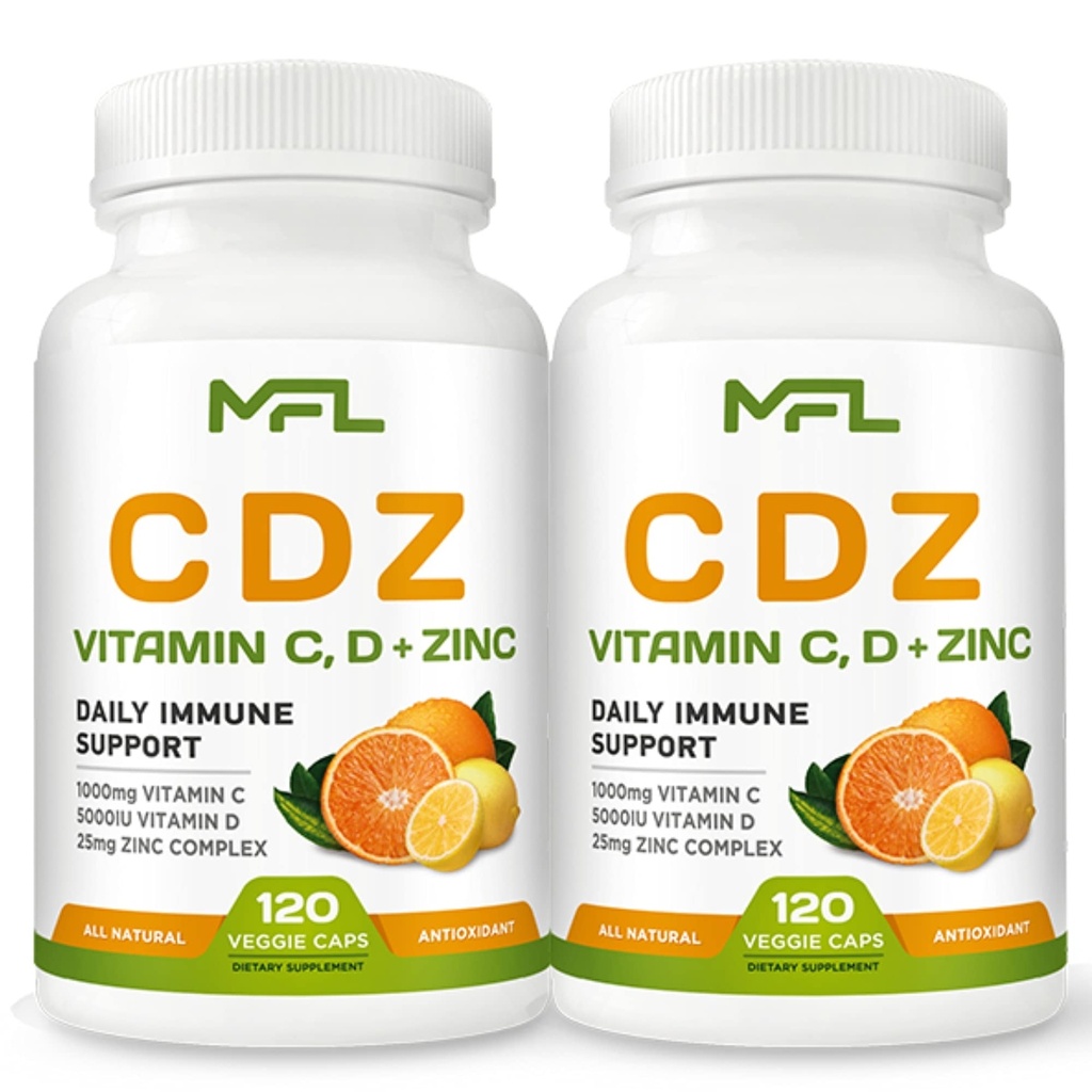 2 Pack, C D Z | Vitamina C, 1000mg | Vitamina D3, 125mcg | Zinc, 25mg | Non-GMO & Gluten Free | 240 Serve