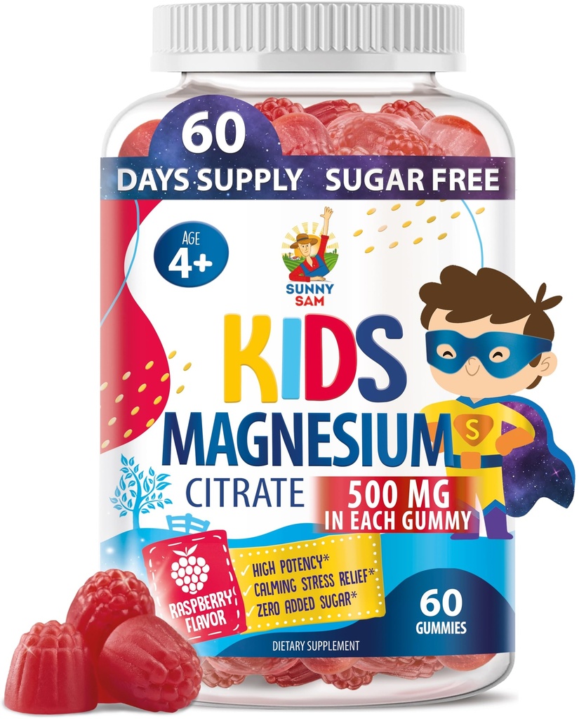 Sugar-Free Magnesium Gummies for Kids & Teens - 500mg Calm Magnesium Citrate - Chewable Magnesium Gummy Supplement for Sleep, Mood & Muscle Support - Citrato de Magnesio para Niños - 60 Days Supply