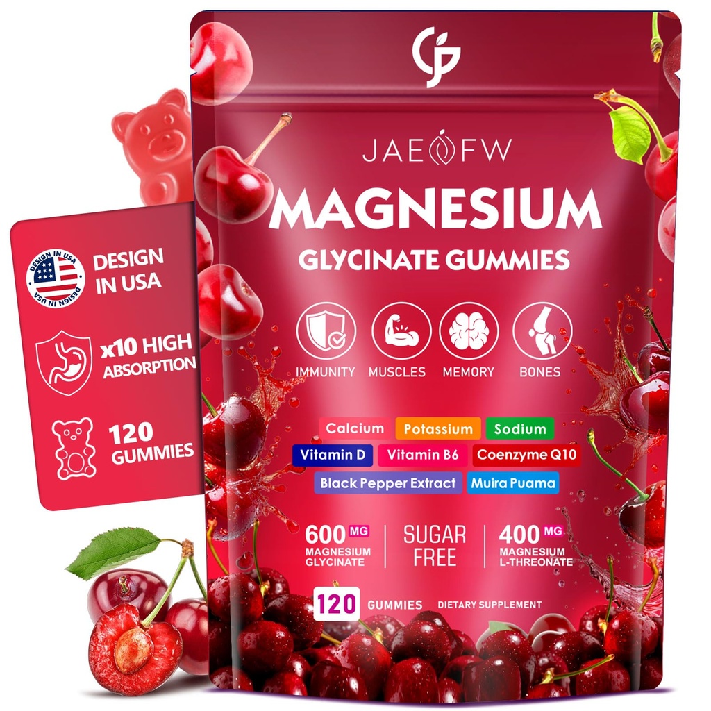Magnesium Glycinate Gummies 1000mg – High Absorption Magnesium Complex with CoQ10, Vitamin D3 & B6 – Sugar Free Magnesium Gummies for zzZ, Focus & Relaxation, for Women, Men & Kids Cherry