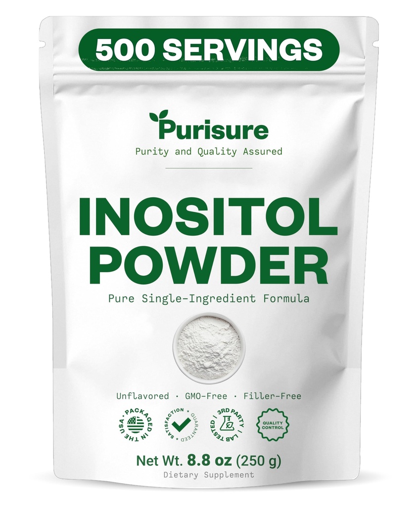 Poudre de myo-inositol purisure, 250g, fertilité, équilibre hormonal et soutien ovarien, poudre d'inositol pur, supplément de myo-inositol pour soutenir l'énergie et le mieux-être cérébral, végétalien, non-OGM, 500 portions