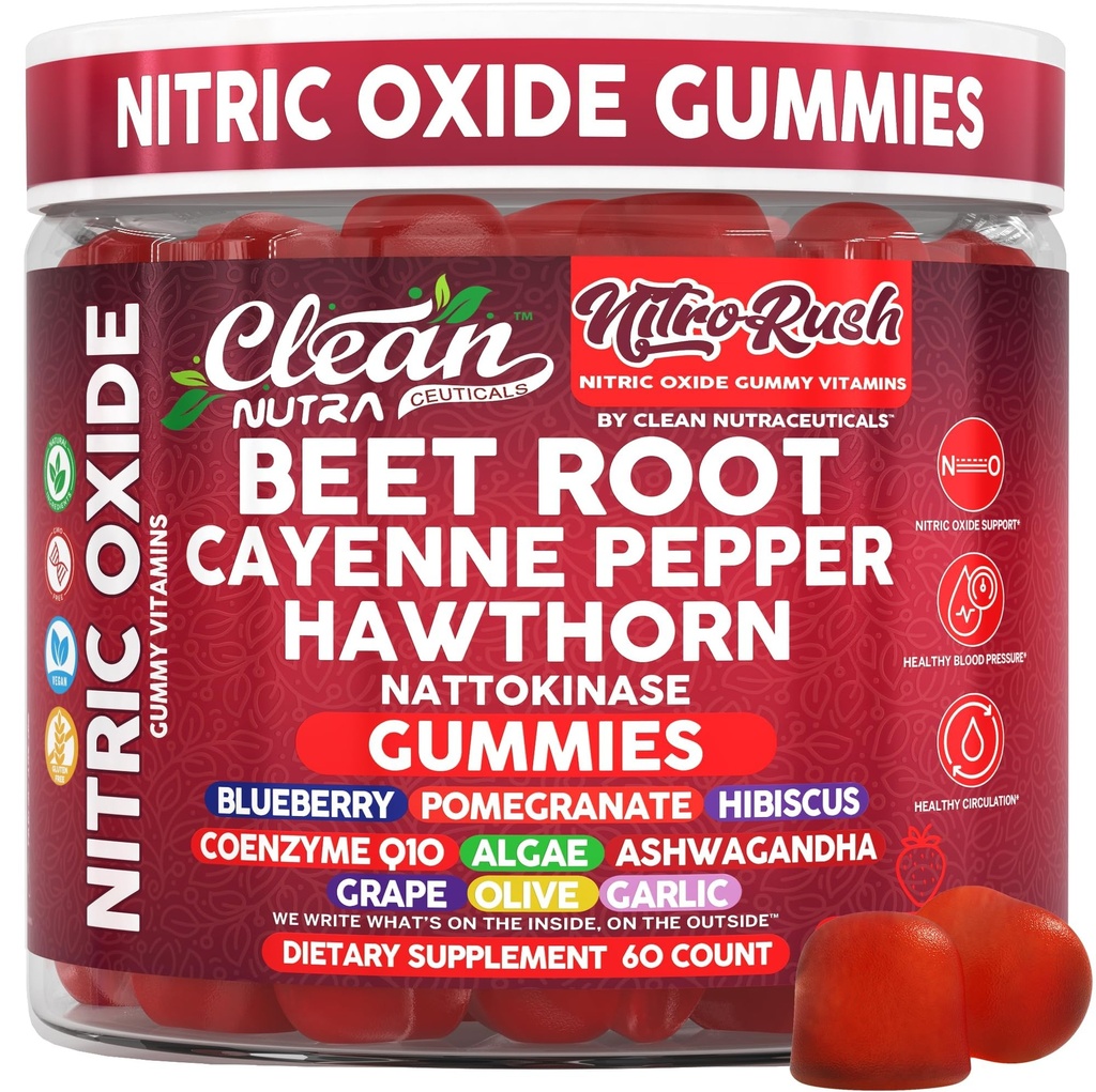 Nitro Rush Nitric Oxide Gummies Beet Root Cayenne Pepper Pomegranate Vitamin C Hawthorn Nattokinase Blueberry Hibiscus Coenzyme Q10 Algae Ashwagandha Root Grape Olive Garlic 60 Count by Clean Nutra