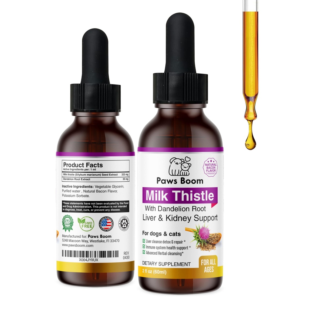 Milk Thistle for Dogs and Cats | Liver Cleanse Detox & Repair with Dandelion Root | Kidney Support Supplement| Herbal Remedy | Denamarin for Dogs| Natural Liquid Vitamins| Bacon Flavor | 2 oz (60 ml)