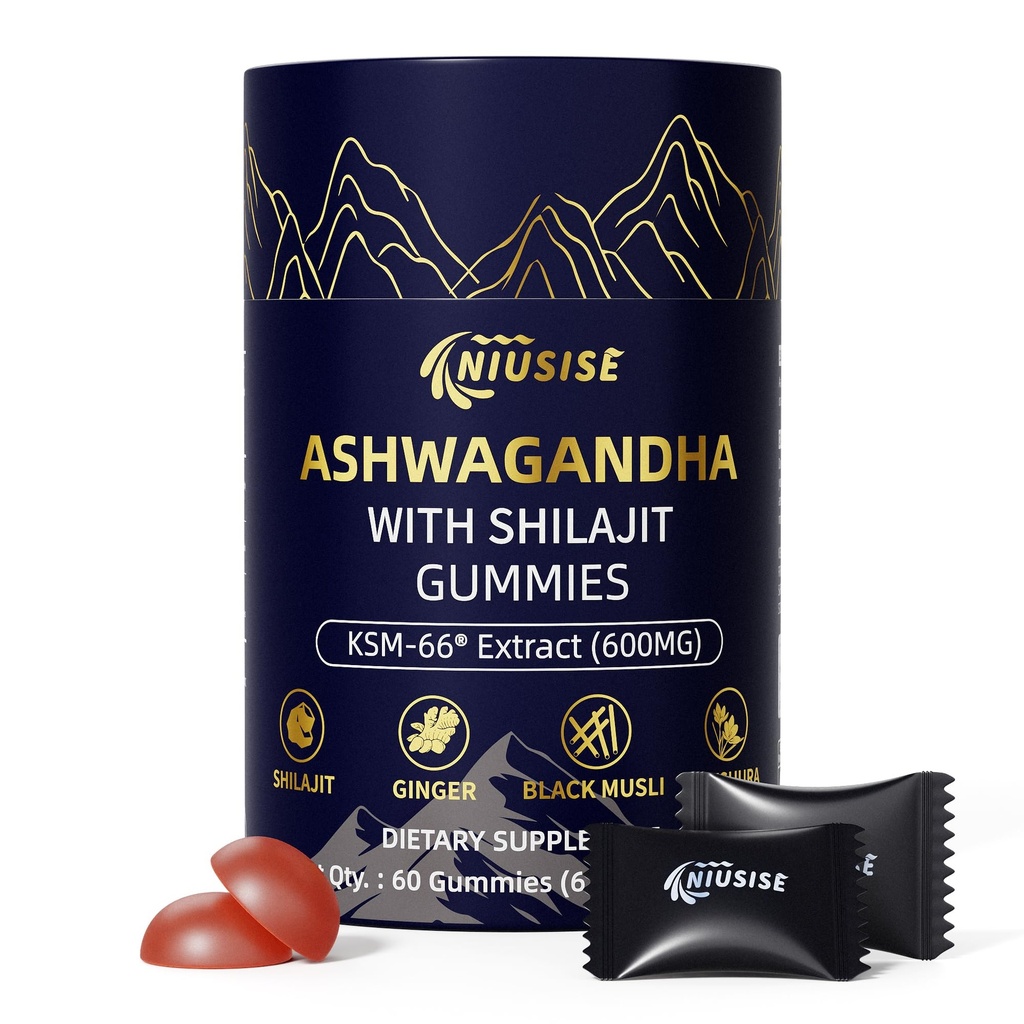 Ashwagandha Gummies mit Shilajit 300mg für Damen und Herren, Zero Sugar ashwagandha Ergänzungen mit Maca Root Powder | Organic ashwagandha Extra Strength for Boost Energy 60 Gummies