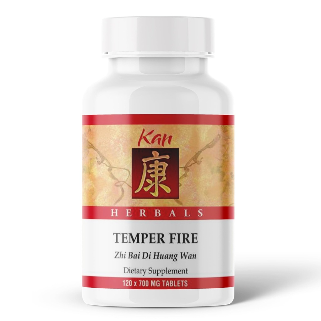 Kan Herb Company Temper Fire – Traditional Herbal Formula with Prepared Rehmannia Anemarrhena Phellodendron Supports Cooling Balance Moisture Comfort Grounded Ease Wellness Aid, 120 Tablets