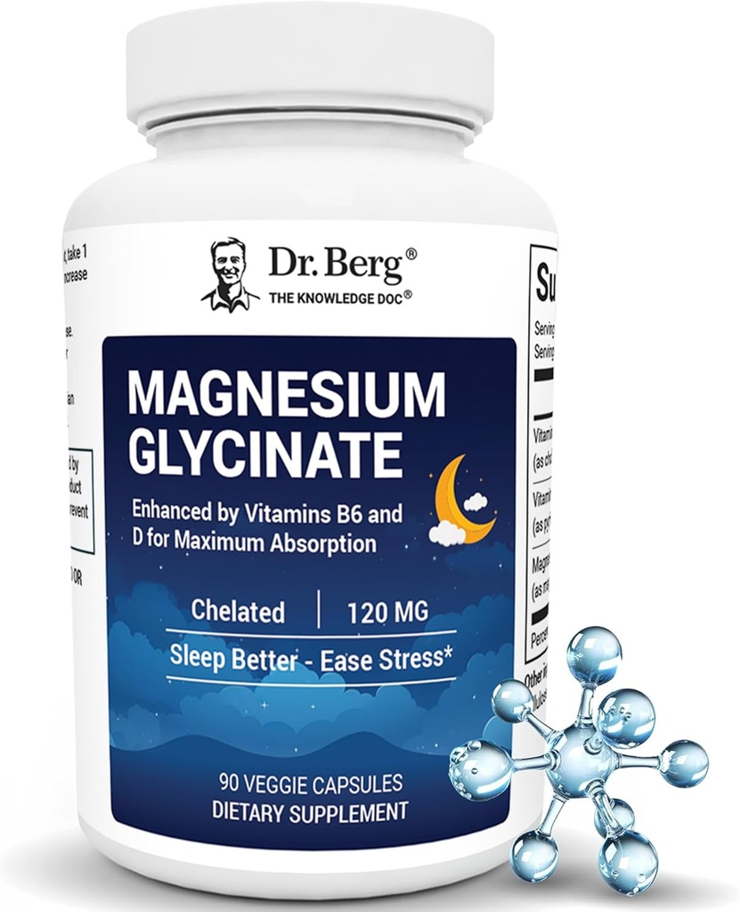Dr. Berg Magnesium Glycinate con Vitamina D & B6 per Stress Relief, Calma, Relax, & Good Sleep* - 120 mg Magnesium Bisglycinate Capsule - Alta Assorbimento Chelato Glycinate - 90 Cap