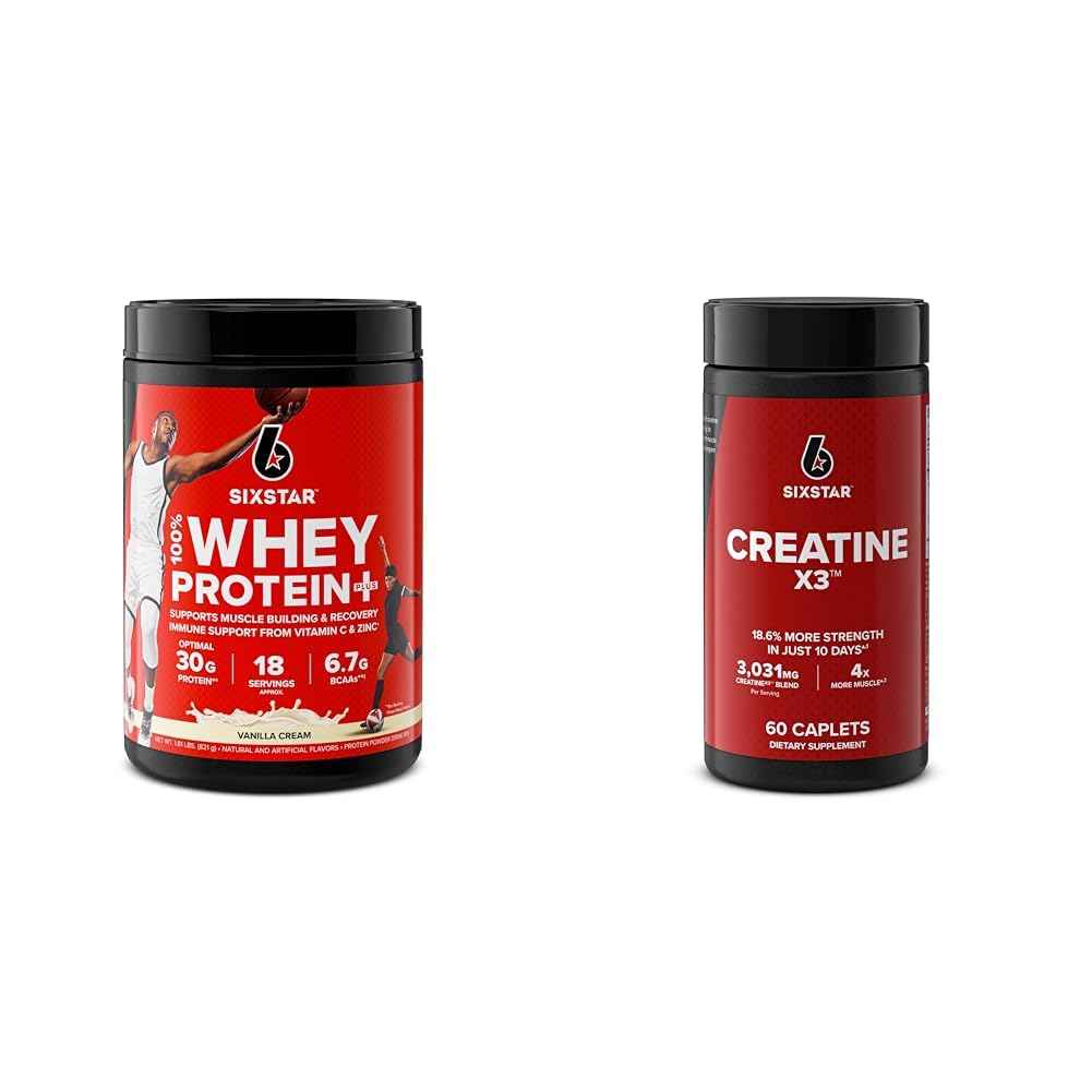 Six Star Elite 100% Whey Protein Plus Vanilla Cream 1.8lbs & Creatine Pills X3 Creatine Capsules Muscle Builder for Men Women