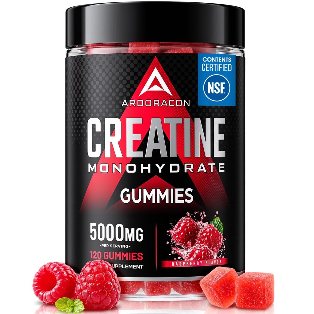 NSF Certified Creatine Gummies 6-in-1 + Taurine + Electrolytes | 5g Creatine Monohydrate Gummies 120 Count for Women & Men +Vitamin B12, for Strength, Energy, Foucus, Vegan, Raspberry Flavor
