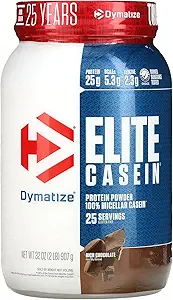 Dymatiser la poudre de protéines de caséine Elite, absorber lentement les acides aminés de construction musculaire, 100 % de caséine micellaire, 25g de protéines, 5,4g de BCAA et 2,3g de Leucine, aide à la récupération de nuit, chocolat riche, 2 livres