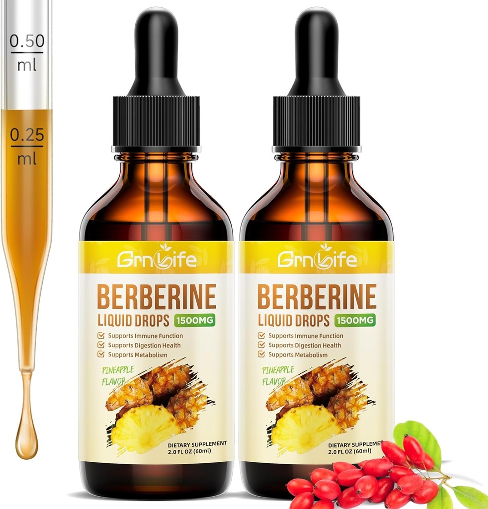 (2 Pack) Supplément berbère, 1 500 mg de gouttes de liquide berbère biologique avec cannelle Ceylan, Melon amère - soutient l'immunité et le métabolisme, végétalien, ananas Flavor-2 FL Oz