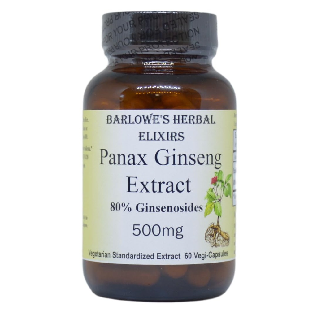 Barlowe's Herbal Elixirs Panax Ginseng | Extract | 80% Ginsenosides | 500mg Per Capsule | Stamina, Focus & Vitality Support | 60 VegiCaps | Stearate Free | Bottled in Glass