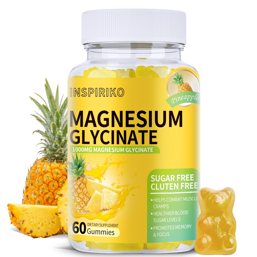 Magnesium Glycinate Gummies 1000mg - Sugar-Free Magnesium Potassium Supplement with Vitamin D, B6, CoQ10 for Adults & Kids,High Absorption for Calm Mood & Sleep Support - 60 Pineapple Gummies