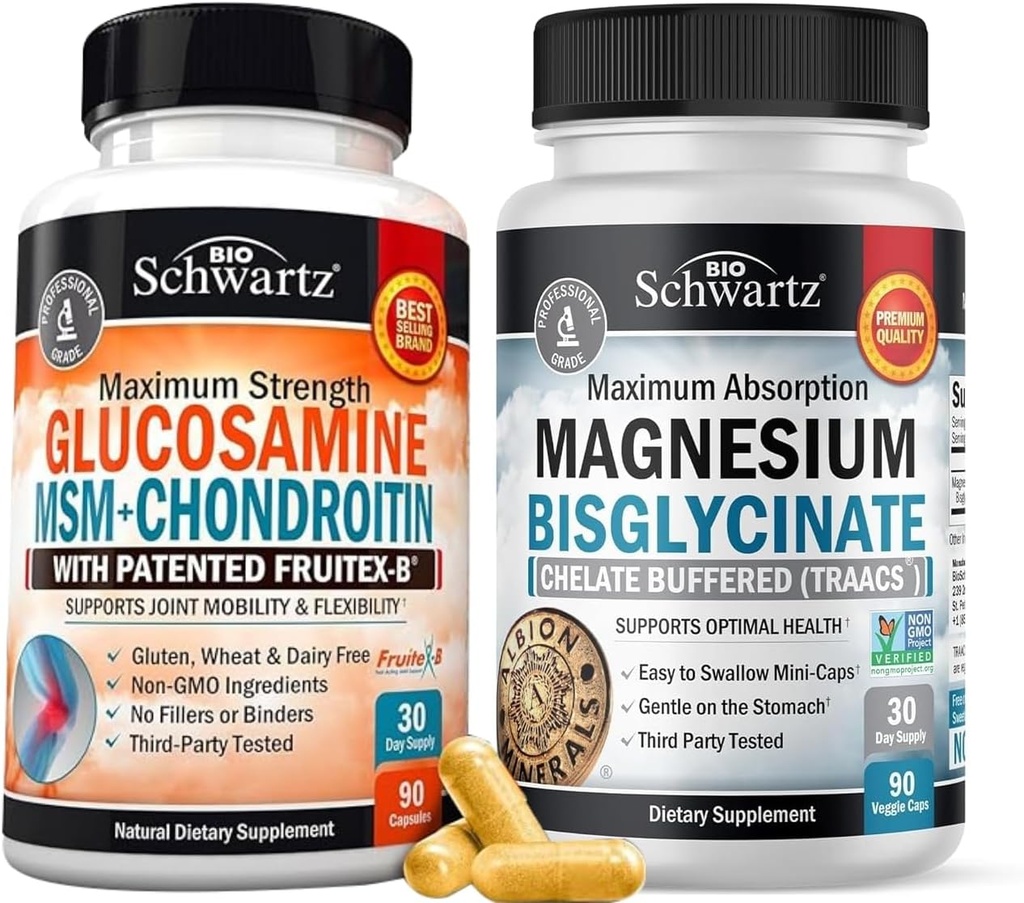 Absorption élevée Capsules de bisglycinate de magnésium (1 mois d'approvisionnement) Plus Glucosamine Chondroïtine MSM Triple Strength Joint Support Supplément (1 mois d'approvisionnement)