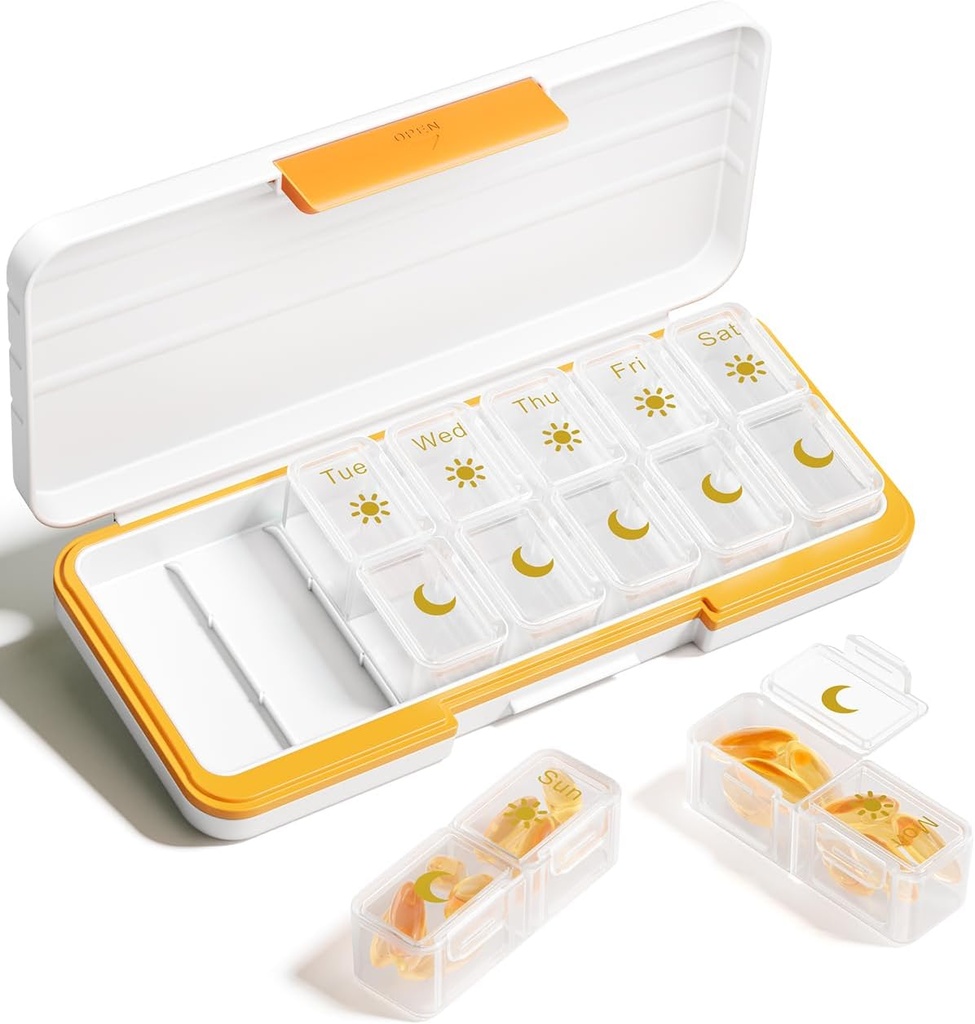 AM PM Pill Organizer 2 fois par jour, 7 jours Pill Box Weekly Pill Organizer Travel with Separate Container, Portable Daily Medicine Planner Dispenser Case for Vitamine, Fish Oils, Supplements(Beige)
