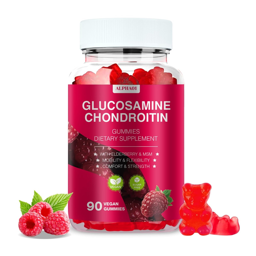 Glucosamin Chondroitin Gummies - 3000MG Extra Strength Joint Support Supplement mit MSM & Elderberry, Flexibilität, Antioxidant Immun Support Gummy für Erwachsene, Männer & Frauen - 90 Raspberry Gummis