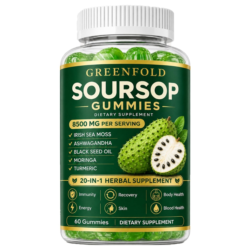 Greenfold Soursop Gummies, Concentrated Soursop Leaves Extract with Soursop Leaf Extract, Sea Moss, Ashwagandha, Black Seed, Moringa & Turmeric, Non-GMO, 60 Gummies (1PCS)