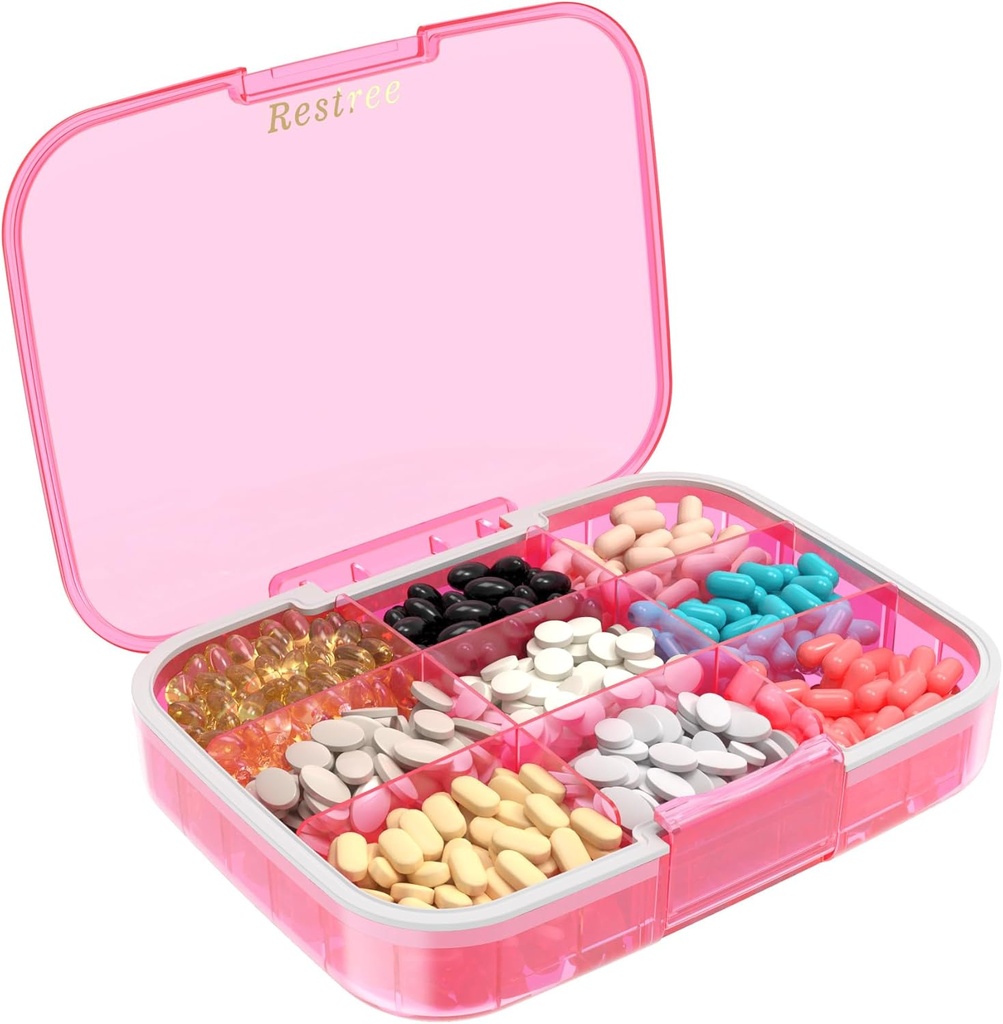 Restree große Pille Organizer, Feuchtigkeit PP & Wasserdichte Reise Pille Fall, Portable Medication Box mit einstellbaren Dividers für Vitamine Ergänzungen Fischöl und tägliche Pillen 9 Komponenten (Pink)