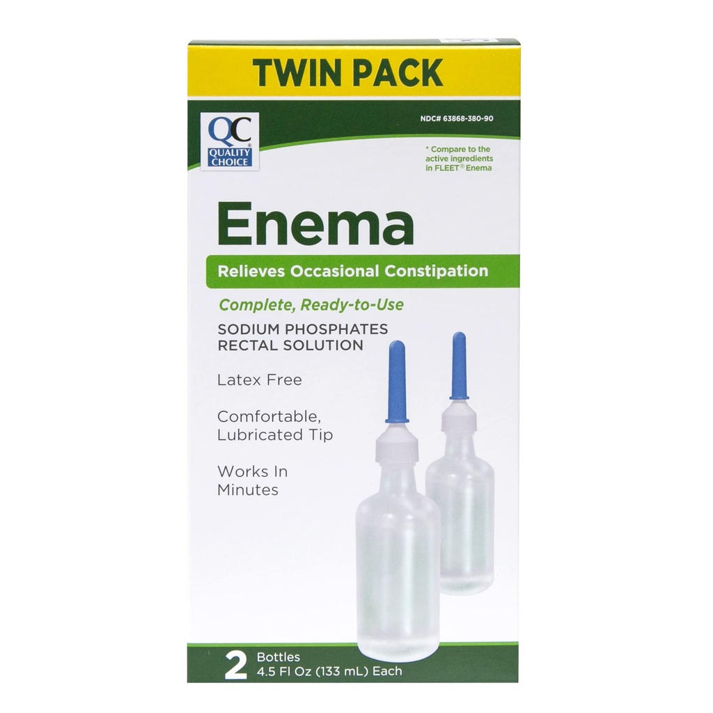 Quality Choice Enema Twin Pack, Relieves Occasional Constipation, Complete & Ready to Use, Sodium Phosphates Rectal Solution, Latex Free, Comfortable Lubricated Tip, Each Pack Contains 2 Bottle