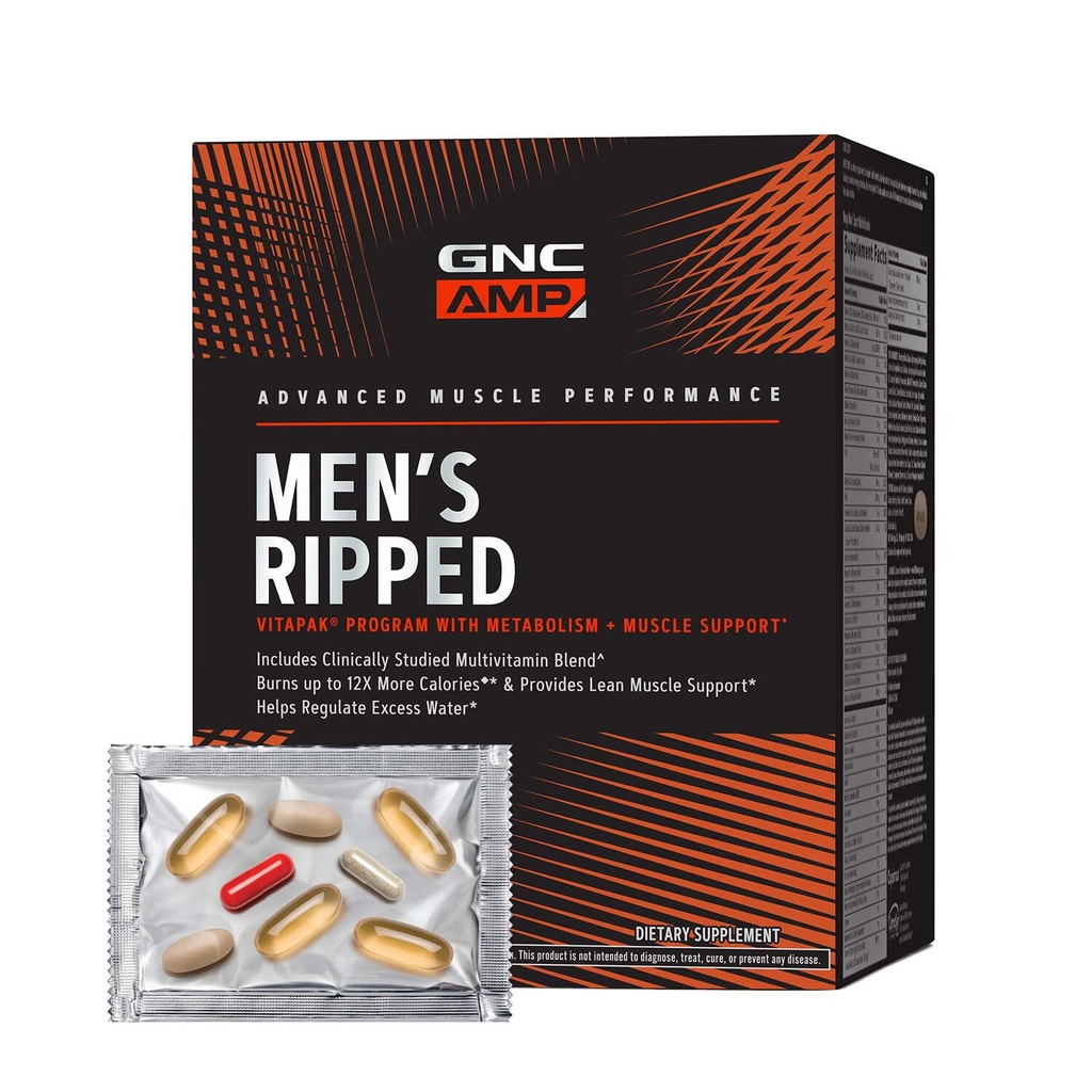 GNC AMP Men’s Ripped Vitapak Program, 4 in 1 Produkt Vitamin Pack, Metabolismus & Lean Muscle Tone, Brennen Kalorien, Wasser Shedding, Adult Multivitamin, Koffein, CLA, Proven Ingredients, 30-Tage Versorgung