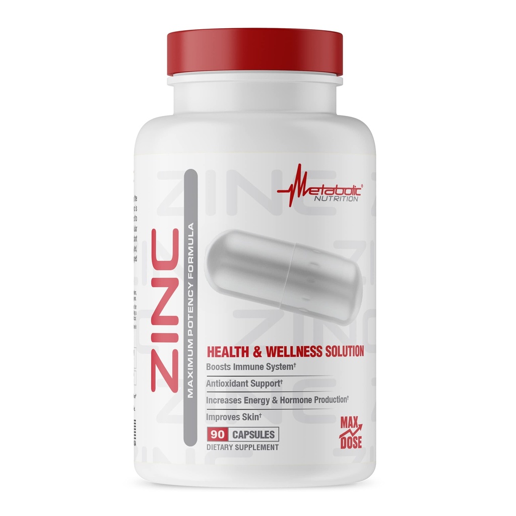 Zinc Supplement by Metabolic Nutrition, 75mg, 90 Zinc Capsules, Supports Immune System Function w/Zinc Oxide