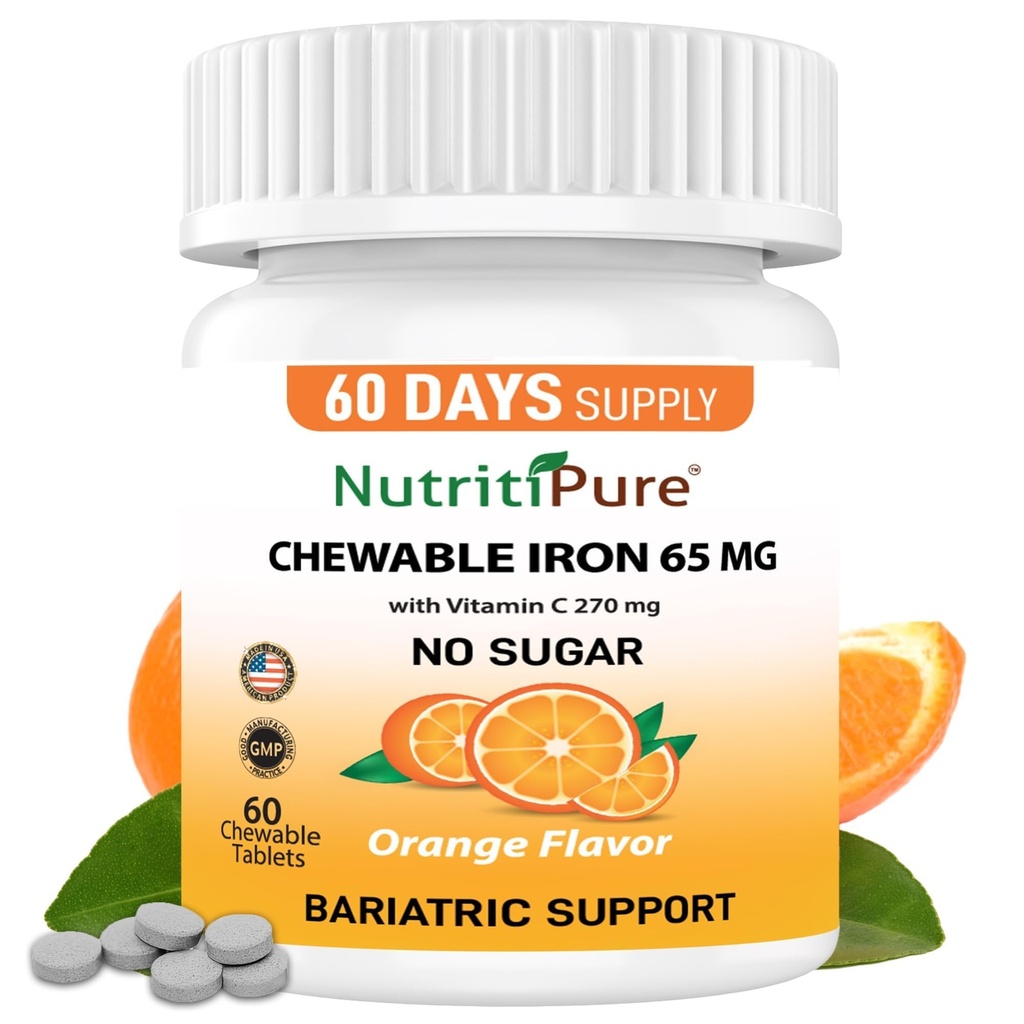 Kaubares Eisen 65 mg mit Vitamin C 270 mg (für Frauen/Men) |60 Tage Versorgung | Kein Zucker-Zessig Orange Flavor Supplement 60 Count