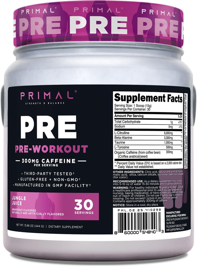 Primal Pre-Workout (30 Servings) (Grapefruit Flavored) - Gluten Free & Non-GMO