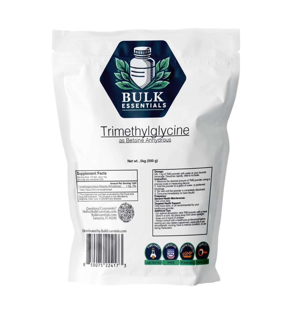 TMG Supplements – Trimethylglycine as Betaine Anhydrous for Homocysteine Levels & Active Lifestyles – 500g Unflavored USA Made Powder Free from Gluten & GMO – 1.5g Per Serving