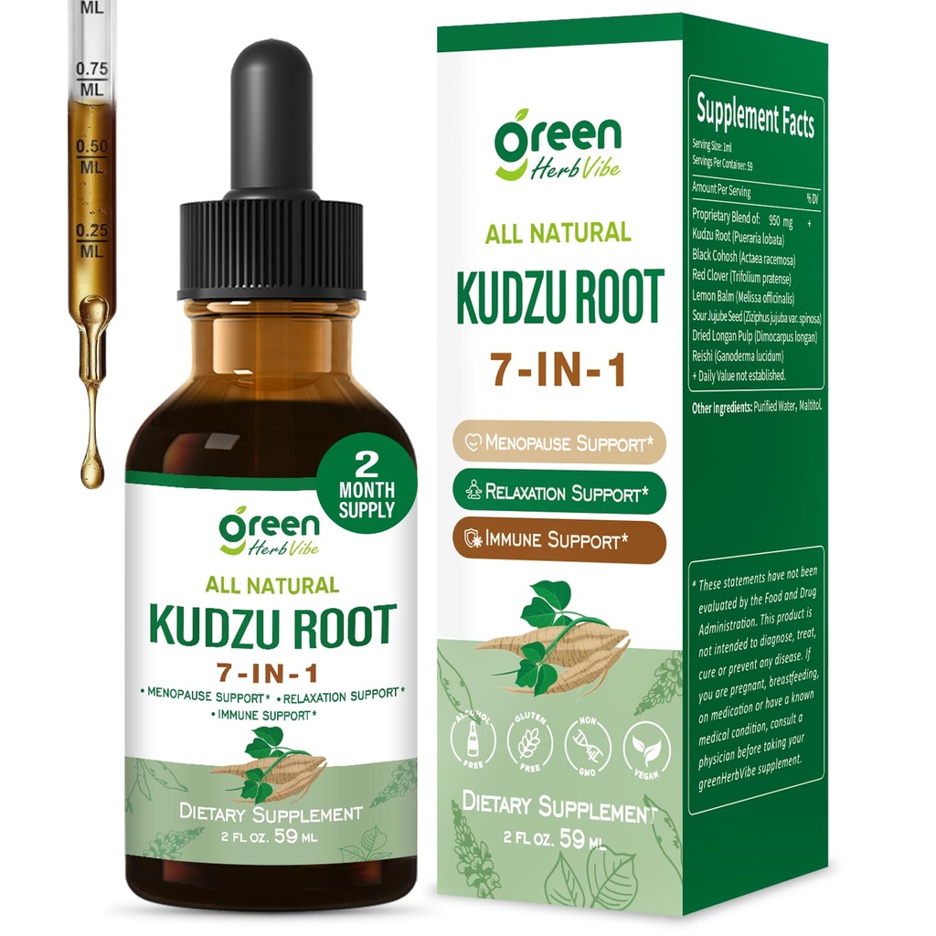 Kudzu Root Drops, Natural Supplement for Menopause Relief, Relaxation & Immune Support, Herbal Complex w/Black Cohosh Red Clover and More Extracts. 2 oz