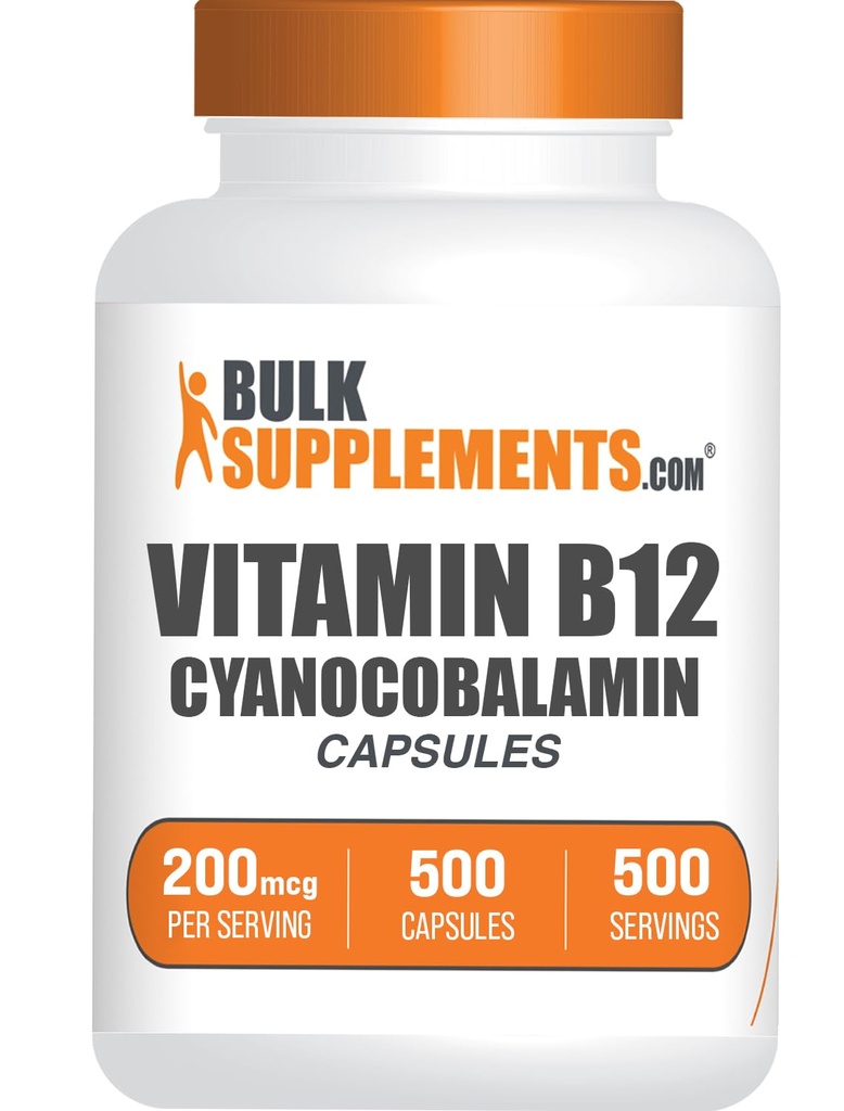 BulkSupplements.com Vitamina B12 Capsule - come Cyanocobalamin, Vitamina B, Vitamina B12 200 mcg - Vitamine Energetiche, Gluten Free, 1 Capsule per Serving, 500 Capsule (Pack of 1)