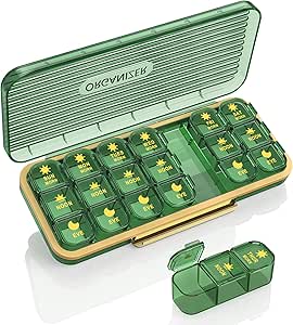 Organisateur de pilules 3 fois par jour, boîte à pilules 7 jours 3 fois par jour - Organisateur hebdomadaire de boîtes à médicaments Acedada, 7 distributeur quotidien de pilules amovibles pour les suppléments d'huiles de poisson, vert