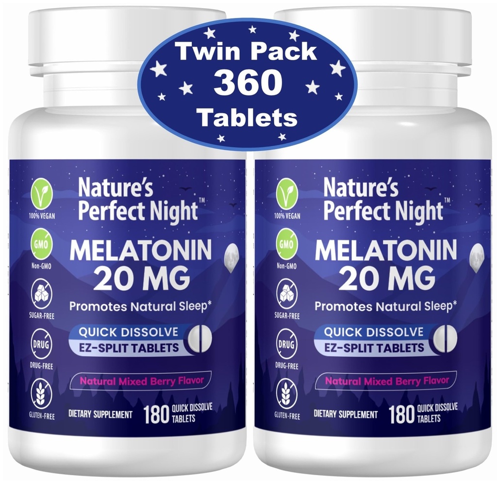 Notte perfetta della natura | Melatonin 20mg | 180 compresse di dissolvenza rapida, 2-Pack | Natural Mixed Berry Flavor |High Potency | Sugar Free | Vegan | Gluten Free | 2 Count