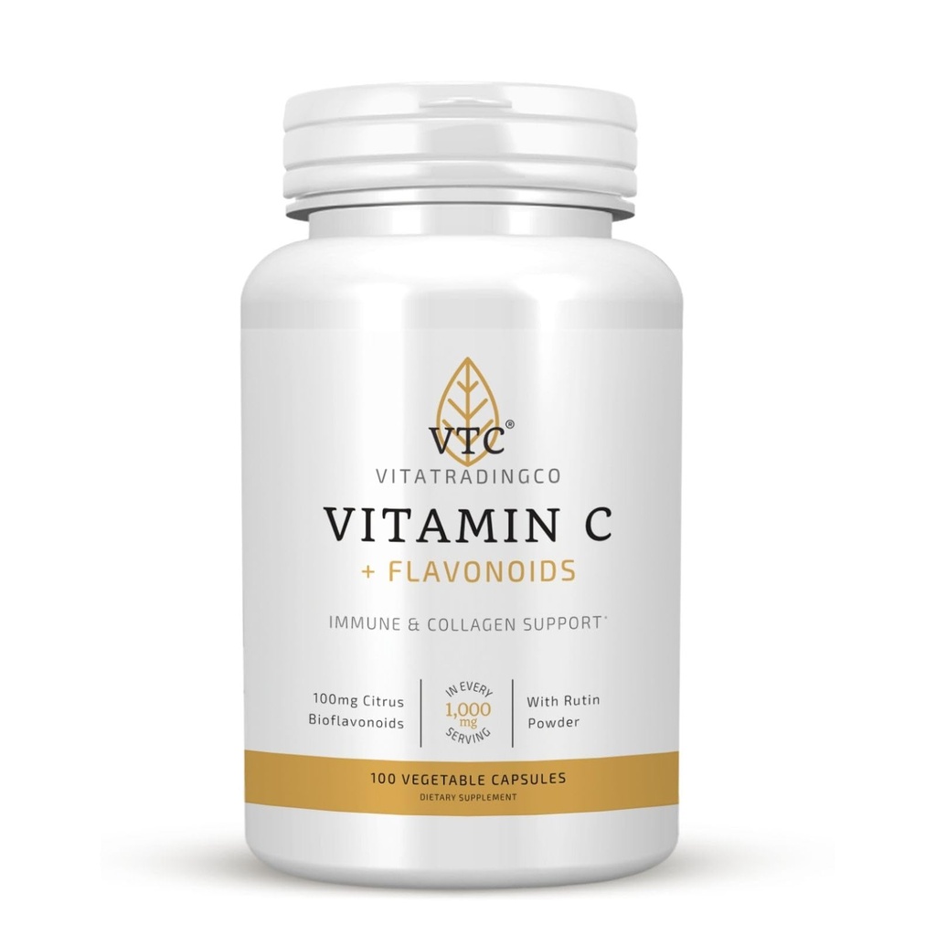 VTC VitaTradingCo. Vitamin C + Flavonoids | 1000mg High Potency Vitamin C with Citrus Bioflavonoids | Powerful Antioxidant | Immune & Collagen Support | 100 Veggie Capsules