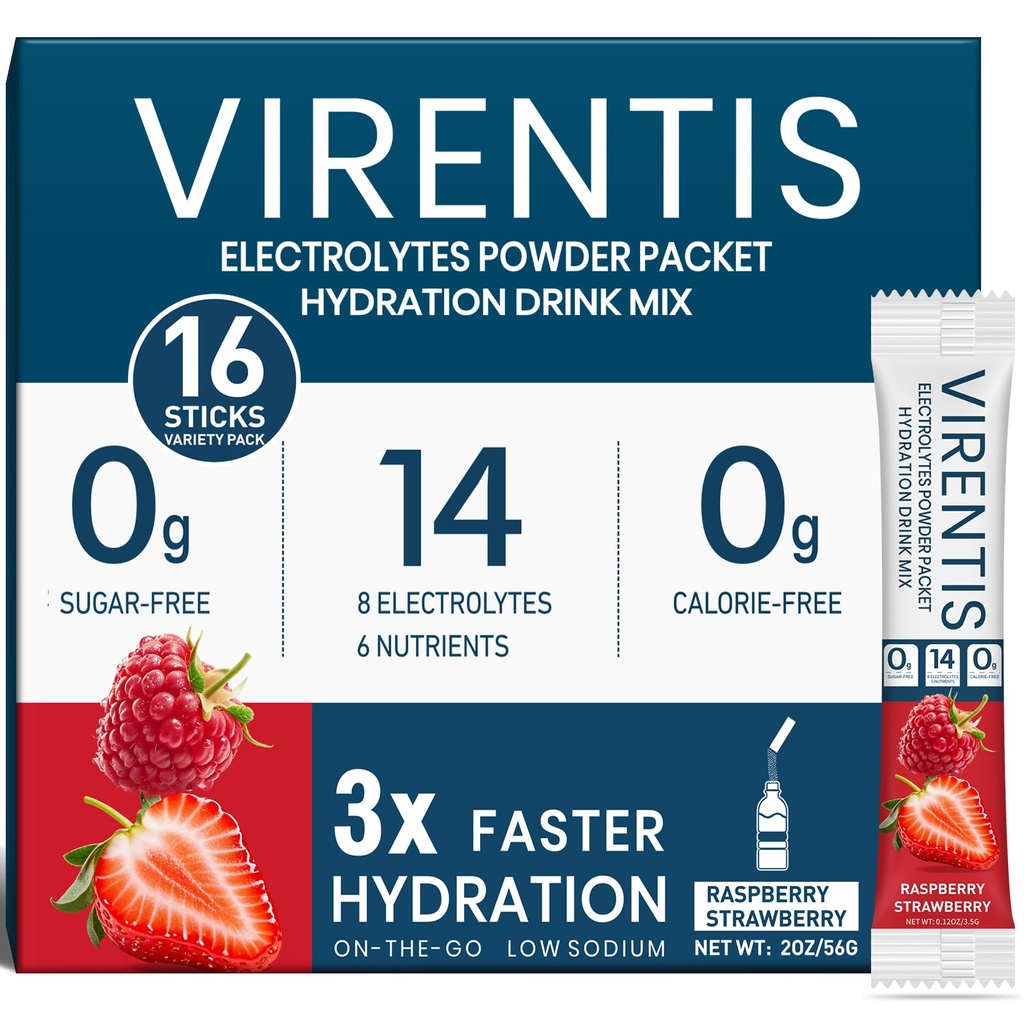 16 Sticks Electrolytes Powder Packets Sugar Free Hydration Packets Liquid Daily IV Electrolyte Drink Mix for Rehydration with 8 Electrolytes & 6 Vitamins, Low Sodium, Raspberry Strawberry