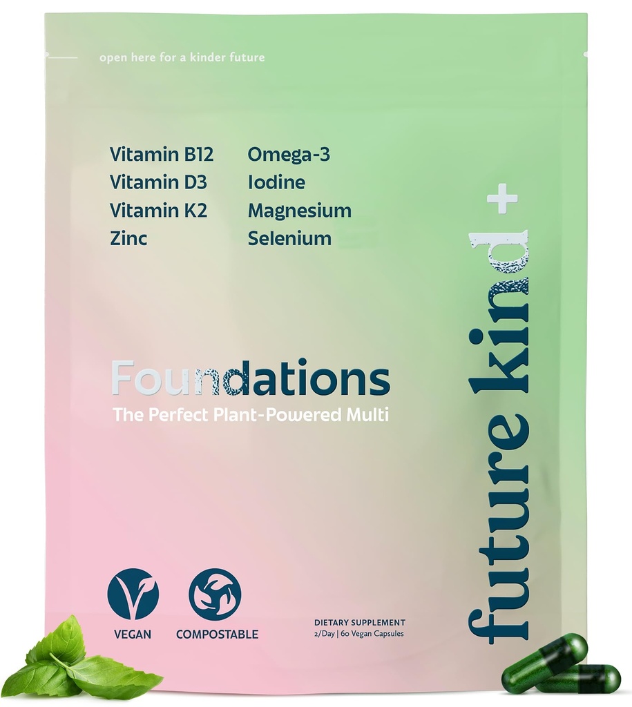 Futur genre Fondations sans carrageenan Multivitamine pour les femmes et les hommes avec Oméga-3, B12, D3, Zinc, Iodine, Magnésium, K2 & Selenium, Vegan, Sac Compostable (60ct)