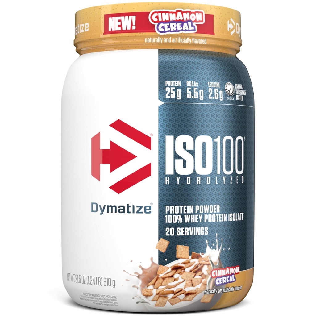 Dymatize ISO100 Whey Protein Powder Isolate, Cinnamon Cereal, 25g di Protein, 5.5g BCAA, Meno di 120 Cal., Gluten Free, 1g Fat, 1g Sugar, 2g Carb (20 Servings)