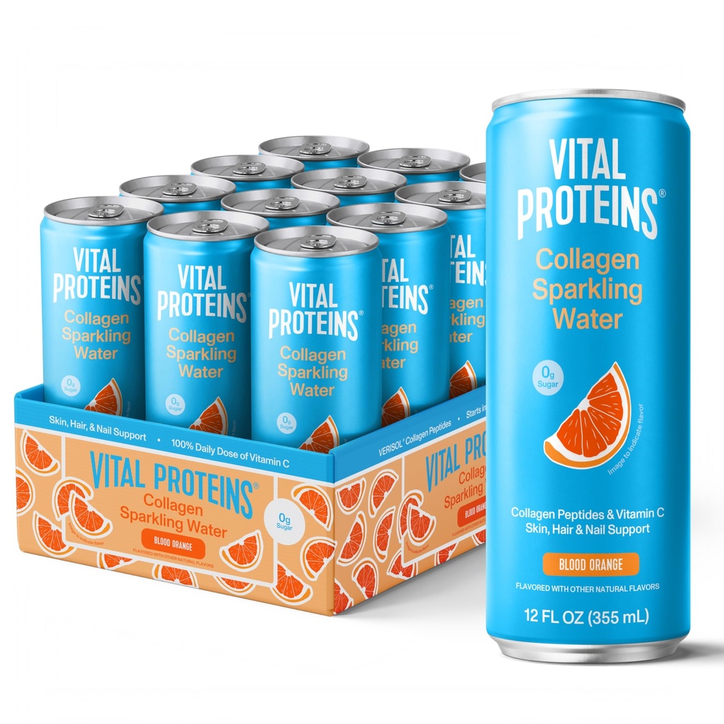 Vital Proteins, Collagen Sparkling Water, Blood Orange, VERISOL® Collagen Peptides + Vitamin C, 0g Sugar, Skin Support Drink, 12 FL OZ Can