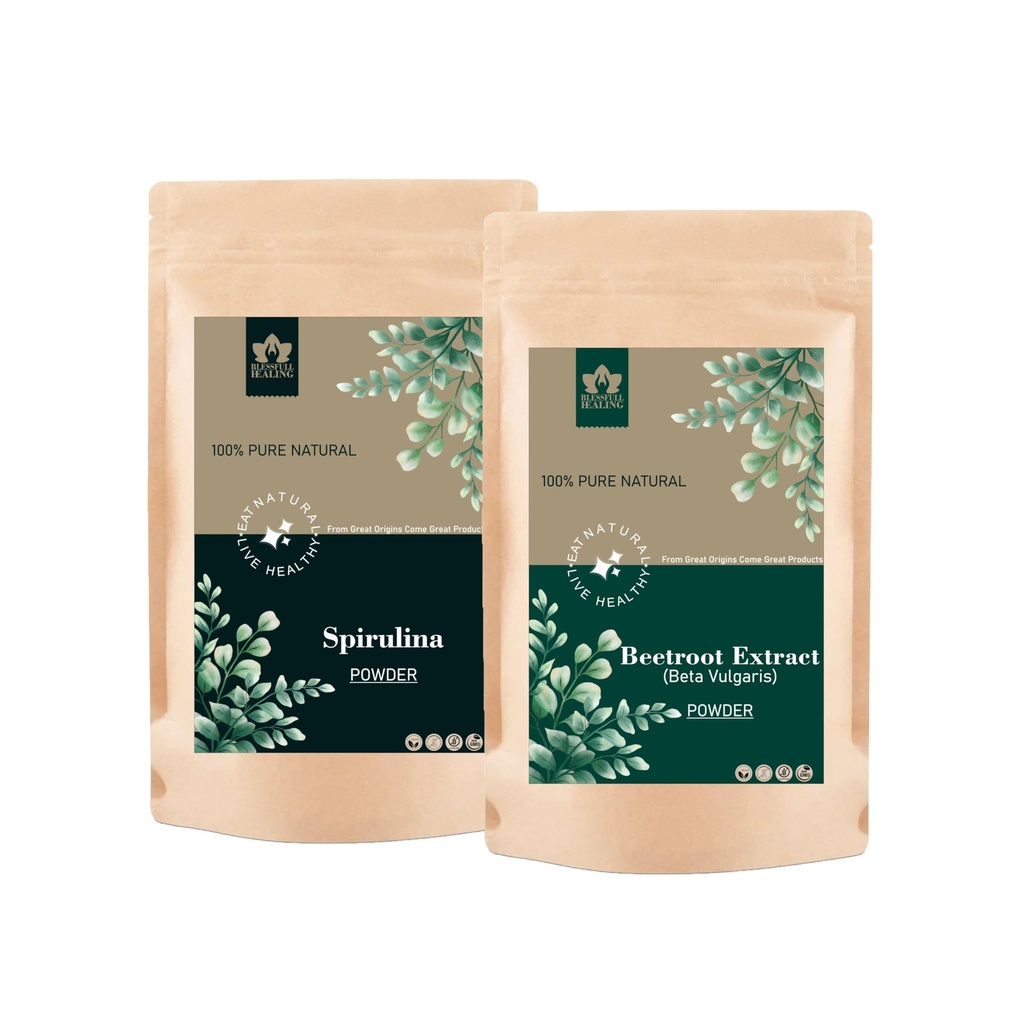Blessfull Healing [Spirulina, Beetroot(Beta Vulgaris) Powder Combo 100% Pure Natural 100 Gram (3.52 oz) Each (Set of 2)