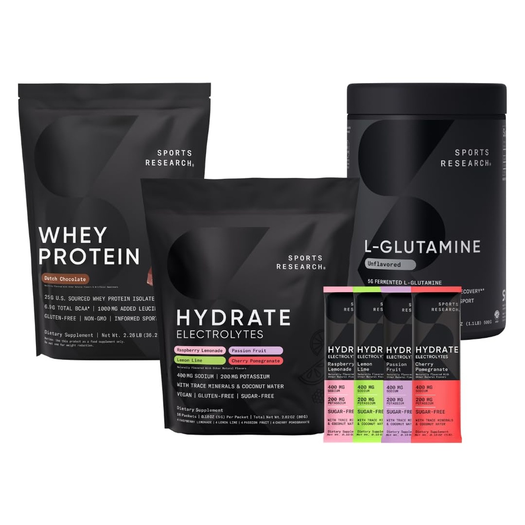 Sportforschung Multi Flavor Hydrate Elektrolyte Packungen, Niederländische Schokoladen-Flüssigprotein Isolierpulver und entflammte L-Glutamin