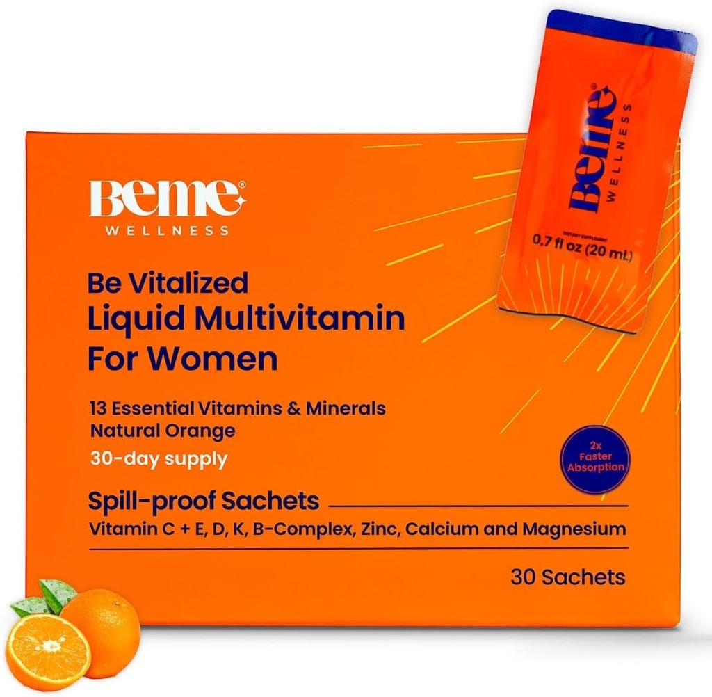 BeMe Liquid Multivitamine für Damen - Advanced Liquid Delivery System mit 13 Vitaminen & 4 Mineralien - Tear & Go Sachets, Non-GMO, Orange Flavor (30 Sachets)