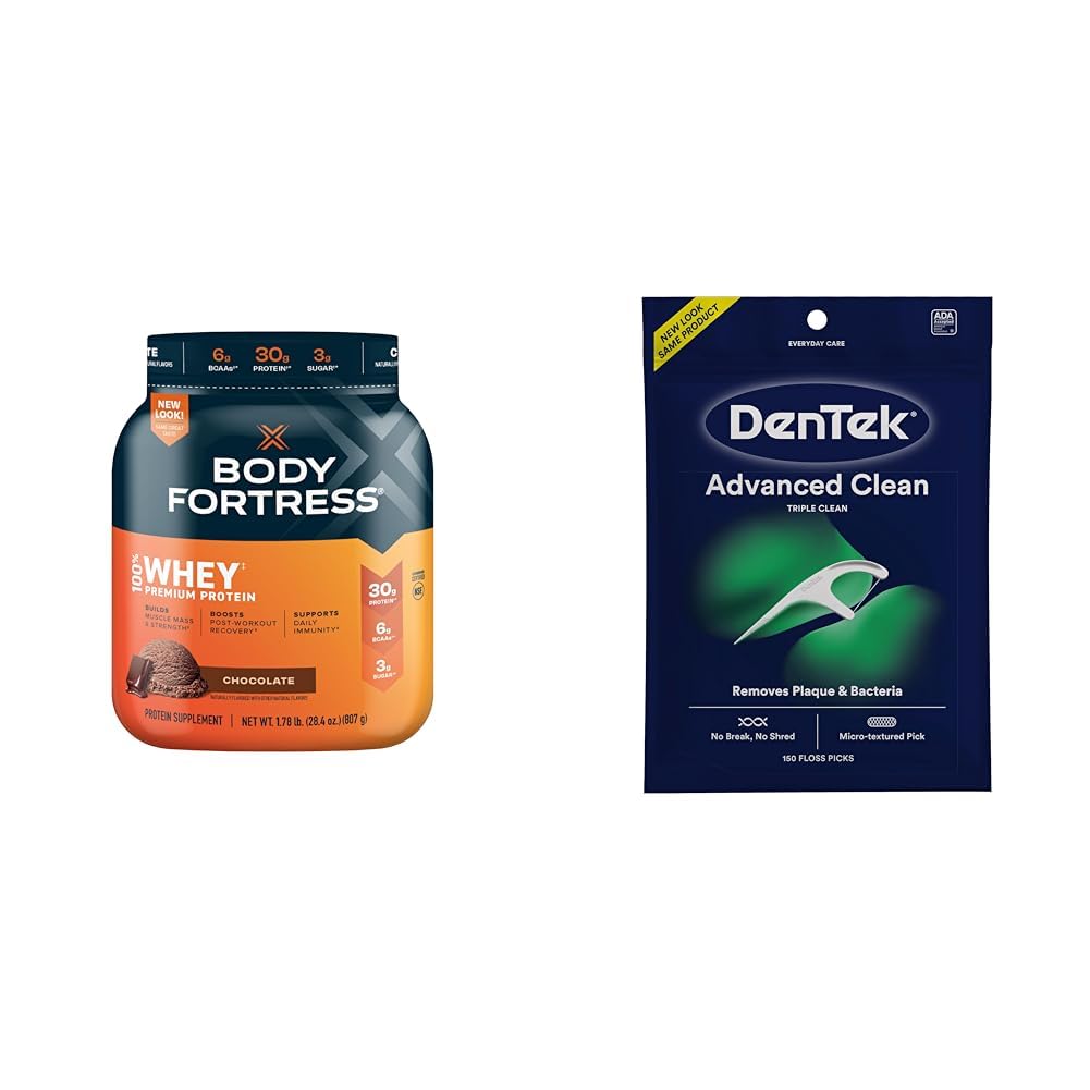 Body Fortress 100% Whey Protein Powder, Chocolate, 1.78lbs & DenTek Triple Clean Advanced Clean Floss Picks, 150 Count
