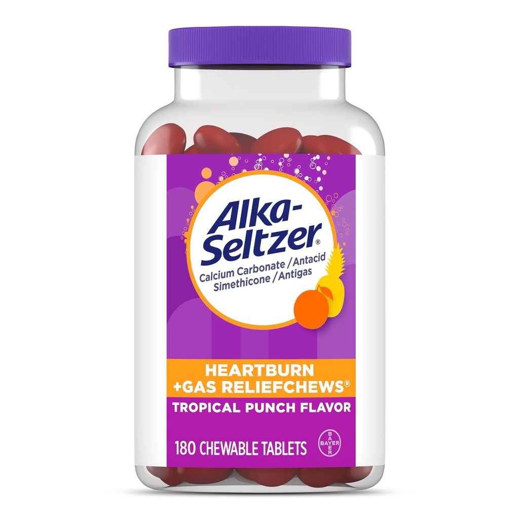 Alka-Seltzer Heartburn + Gas ReliefChews, Antacid + Antigaskäse für schnelles Sodbrennen Relief, Gas und Säure Verdauungshilfe Auf dem Go, 180 Ct
