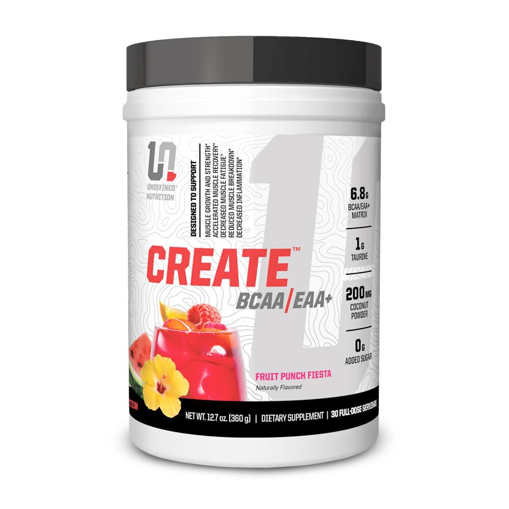 Undefined Nutrition Create BCAA/EAA+ by Brian Shaw -Muscle Recovery & Endurance, 6.8g BCAA/EAA Matrix -Full Spectrum BCAA + Essential Amino Acids Supplement – 30 Servings (127 oz, Fruit Punch Fiesta)