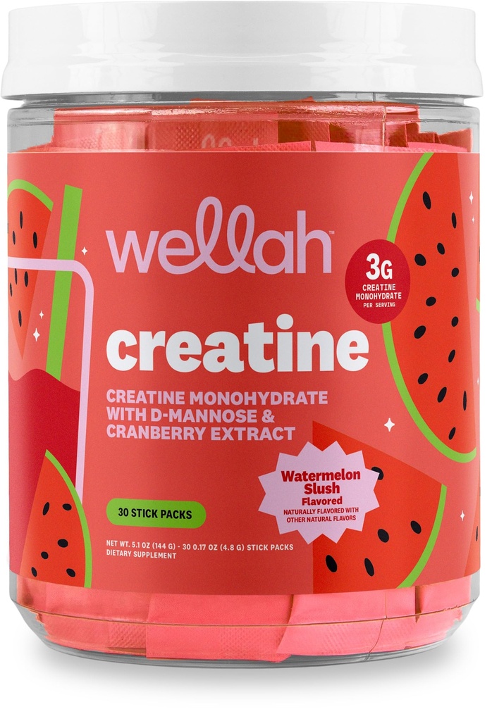 Wellah Creatine for Women (Watermelon Slush) 30 Stick Packs - 3g of Creatine Monohydrate with Dandelion & Cranberry Extract, to-Go Packets