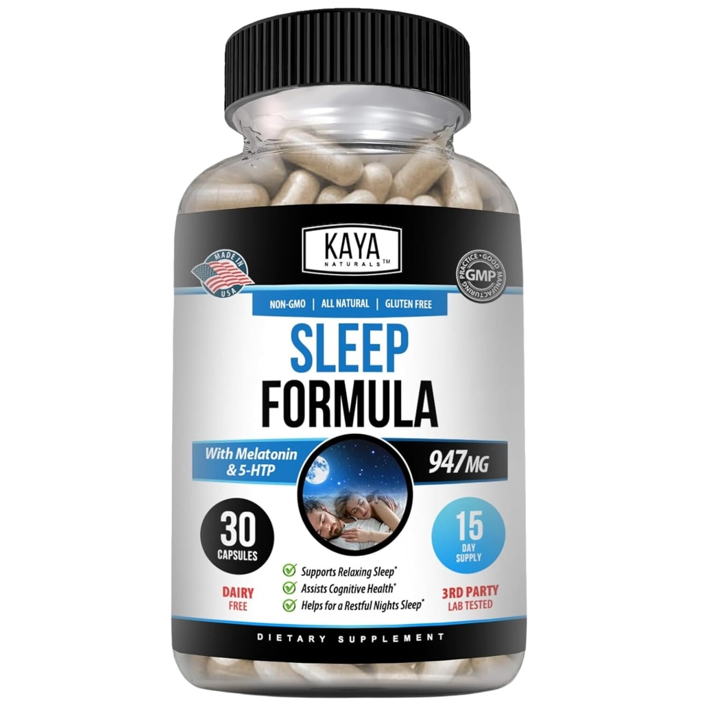 Kaya Naturals - Schlafunterstützung Formel mit Melatonin - Hilfe Unterstützung Vitamin Supplement - Schlaf Stress und Stimmung Unterstützung - L-Tryptophan, Leidenschaft Blume, Ashwagandha und mehr (30 Zähler)