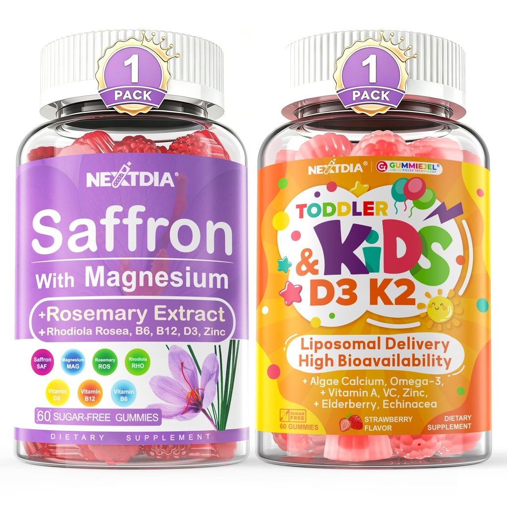 Nextdia Saffron with Magnesium Glycinate Gummies + Toddler 2-3 & Kids Vitamin D3 K2 + Algae Calcium Filled Gummies