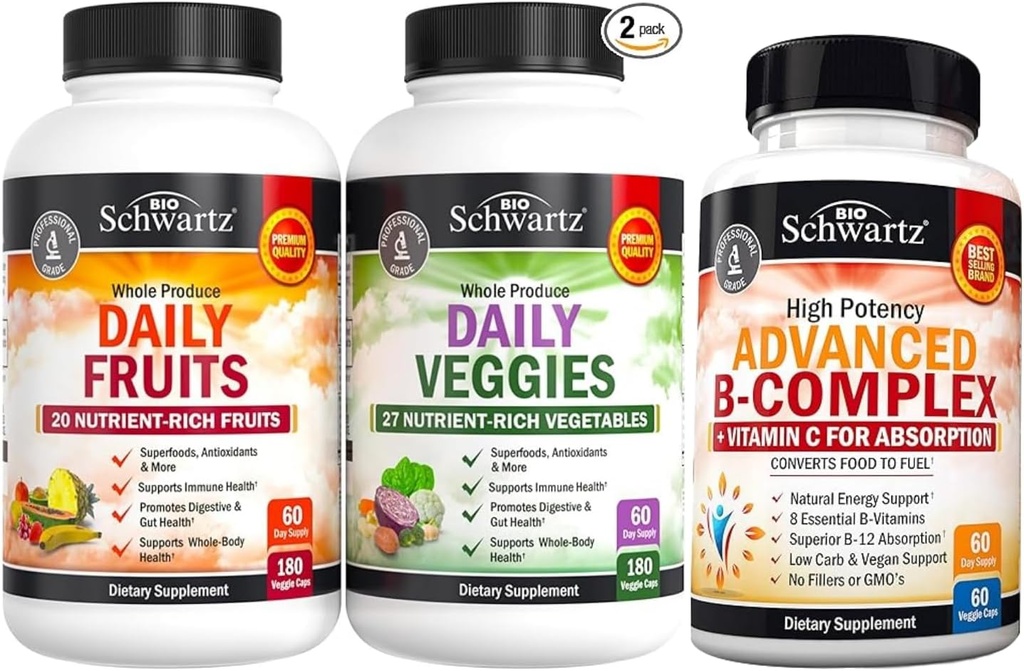 Supplément quotidien de fruits et légumes BioSchwartz pour les femmes et les hommes (2 mois d'approvisionnement) et complexe de vitamine B avec vitamine C (2 mois d'approvisionnement)