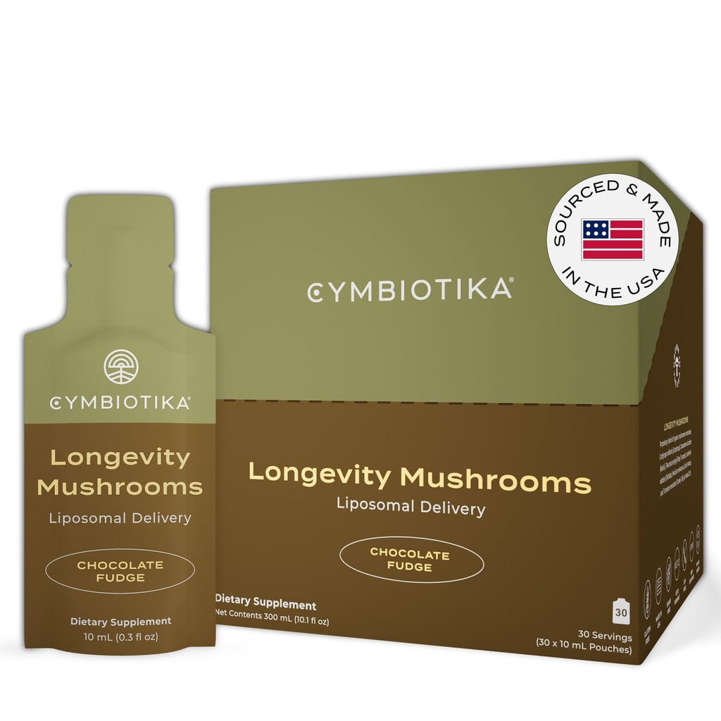 CYMBIOTIKA Liposomal Mushroom Supplemento con Lion's Mane, Turchia Tail, B-Vitamins, Cordyceps & Reishi Mushrooms, Supplementi per il supporto immunitario e l'energia, Chocolate Fudge Flavor, 30 Pack