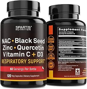 NAC 600mg Schwarz Seed 500mg Zink Picolinat Quercetin Vitamin C Vitamin D3 Atmungshilfe (Pack von 1 Flasche bei 120-Caps)