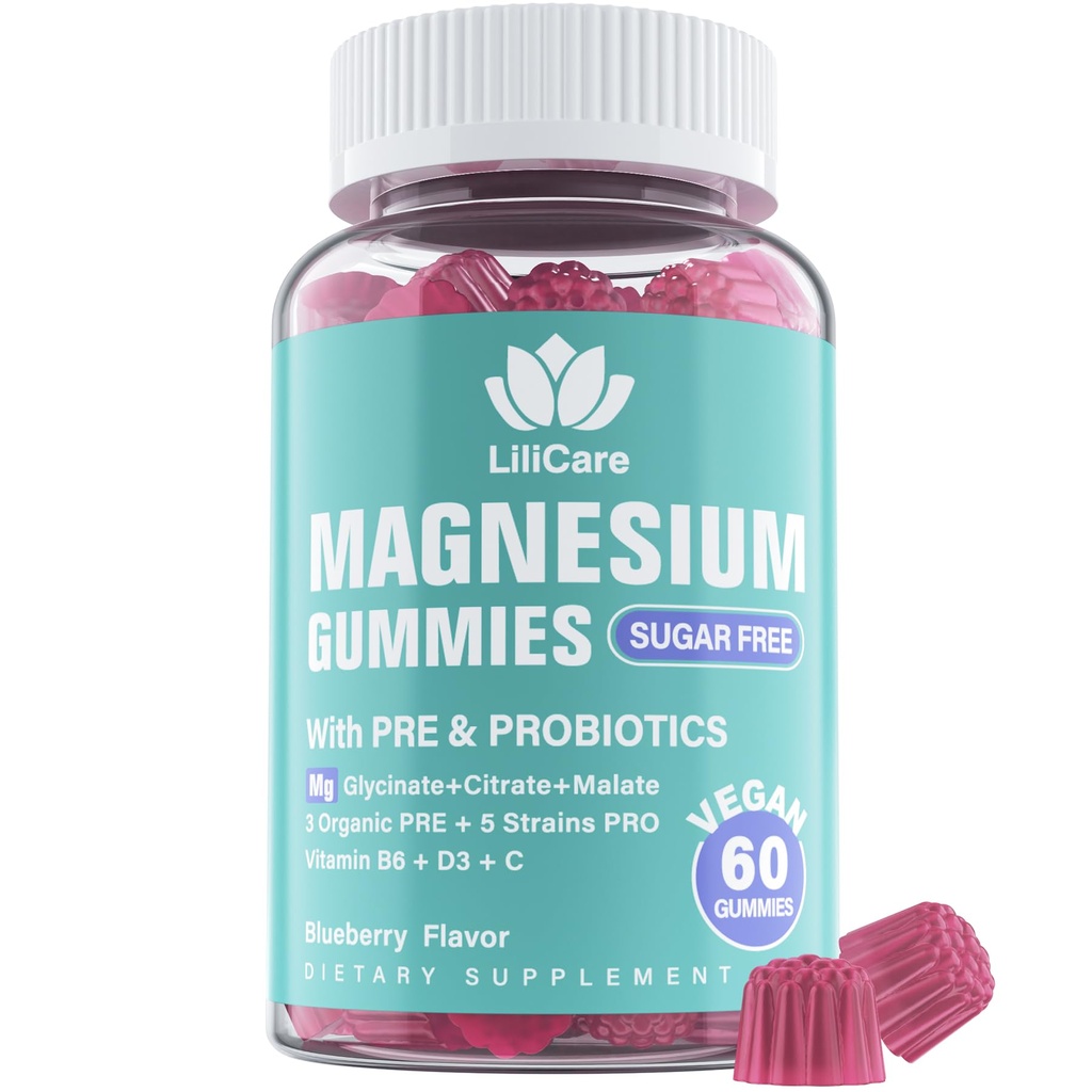 LILICARE Triple Magnesium Complex Gummies 400mg with Prebiotics & Probiotics 5 Billion CFUs, Magnesium Glycinate, Supplement Gummies with Vitamin B6, D3 & C for Muscles & Mood - 60 Count (Pack of 1)