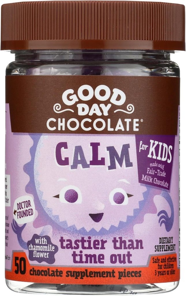 Buona giornata cioccolato naturale calmante supplemento per bambini, miscela di camomilla, L-teanina, commercio equo e non OGM cioccolato, 50 pezzi